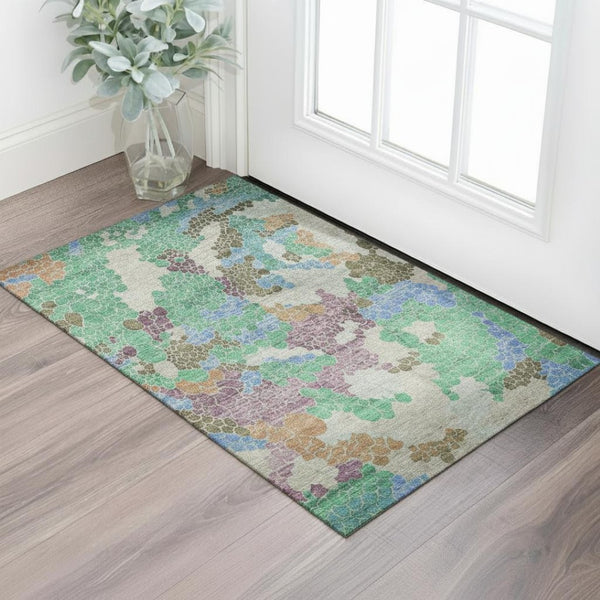 HomeRoots 5' X 8' Green Copper & Blue Geometric Area Rug - Washable, UV Protected, Stain-Resistant Design 707697