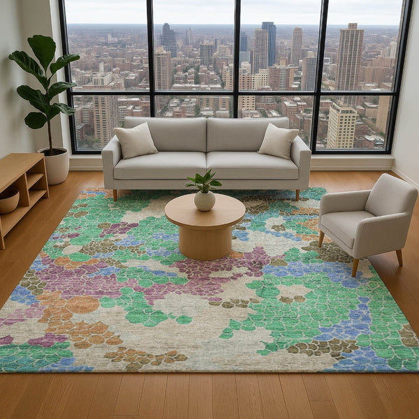 HomeRoots 5' X 8' Green Copper & Blue Geometric Area Rug - Washable, UV Protected, Stain-Resistant Design 707697