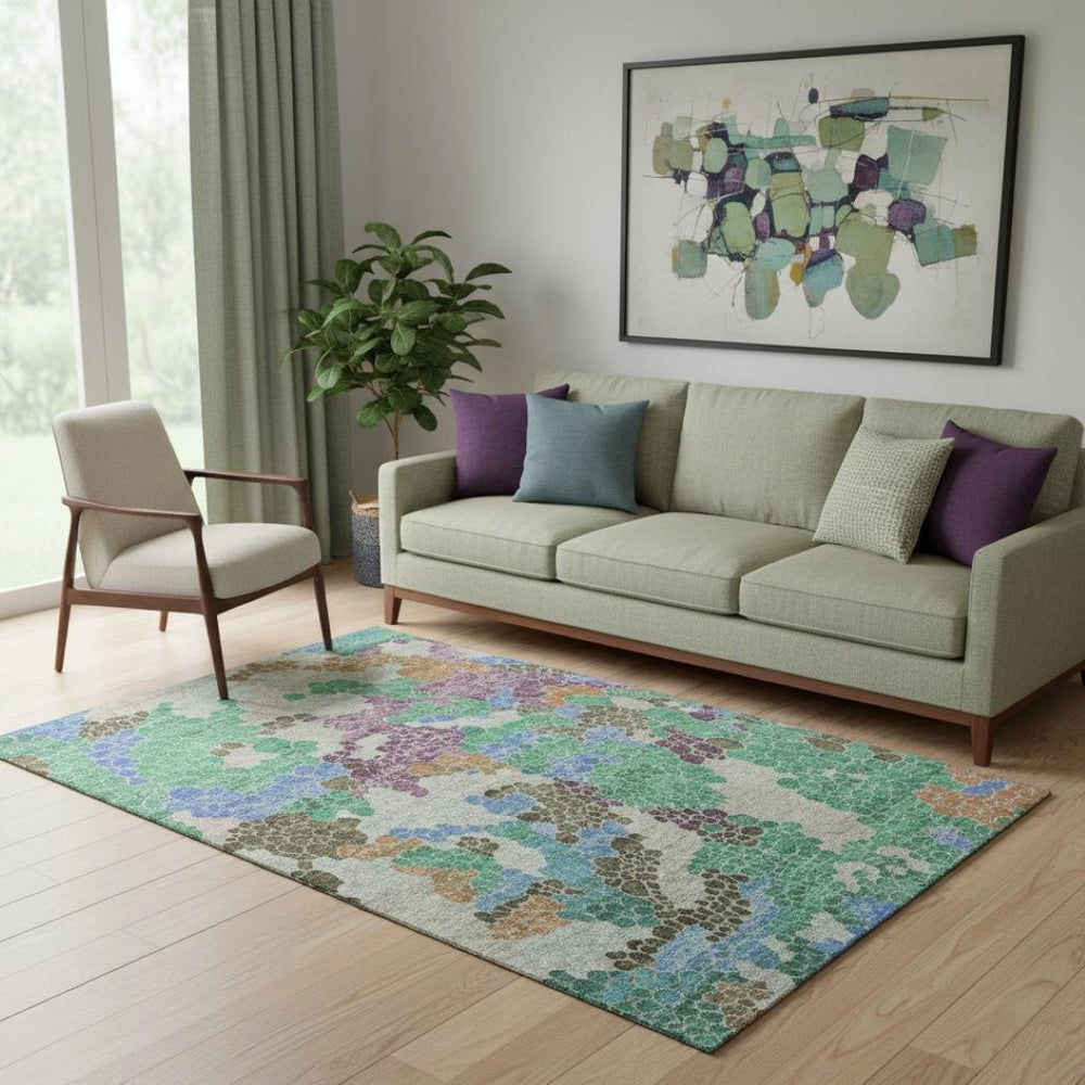 HomeRoots 8' Washable Round Rug in Green, Copper & Blue - UV Protected, Durable, Modern Geometric Design 707698
