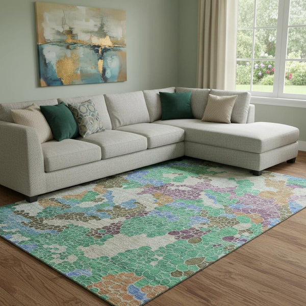HomeRoots 9' X 12' Washable Area Rug in Green, Copper & Blue - Stylish Geometric Design with UV Protection! 707700