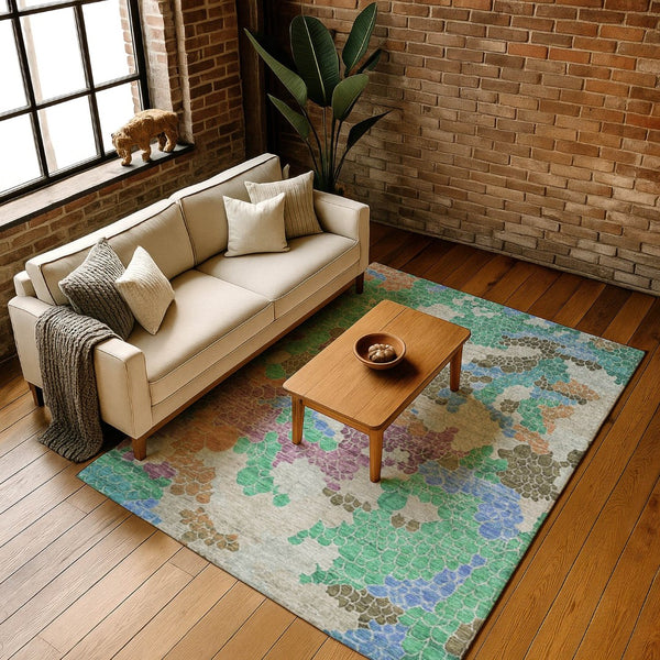 HomeRoots 9' X 12' Washable Area Rug in Green, Copper & Blue - Stylish Geometric Design with UV Protection! 707700
