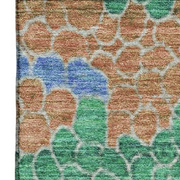 HomeRoots 9' X 12' Washable Area Rug in Green, Copper & Blue - Stylish Geometric Design with UV Protection! 707700