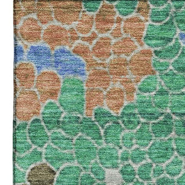 HomeRoots 9' X 12' Washable Area Rug in Green, Copper & Blue - Stylish Geometric Design with UV Protection! 707700
