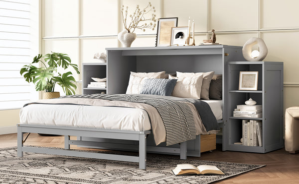 English Elm Full Size Murphy Bed With Stylish Light Gray Finish, Spacious Storage Drawers & Shelves For Versatile Spaces W1580S00252
