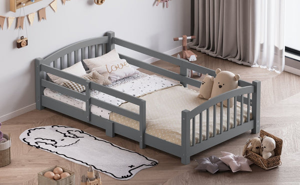 English Elm Twin Montessori Floor Bed Solid Pine Frame with Safety Guardrails for Kids Bedroom Gray N733P400298E