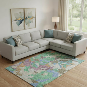 HomeRoots 10' X 14' Geometric Area Rug in Green, Copper & Blue - Washable, UV-Protected, and Stylish Design! 707701
