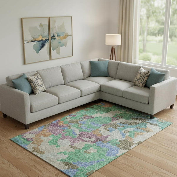 HomeRoots 10' X 14' Geometric Area Rug in Green, Copper & Blue - Washable, UV-Protected, and Stylish Design! 707701