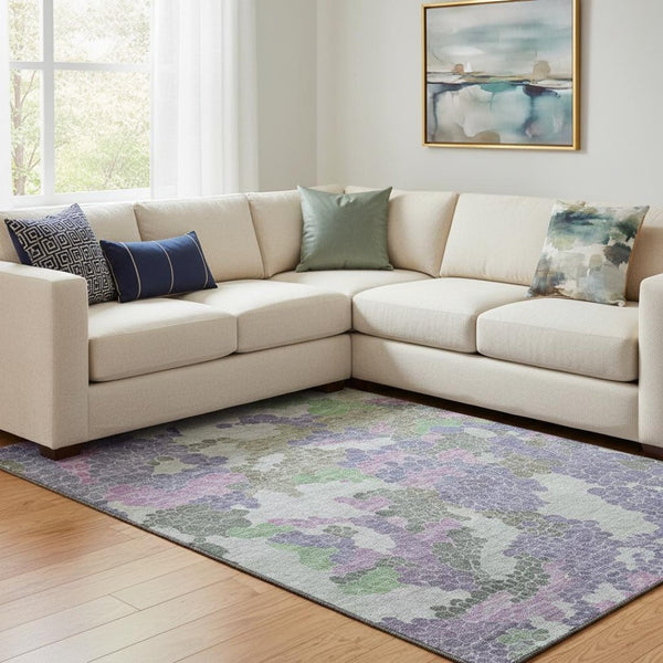 HomeRoots 9' X 12' Geometric Area Rug in Purple, Gray, and Green - Washable, Durable, UV Protected for Homes 707706