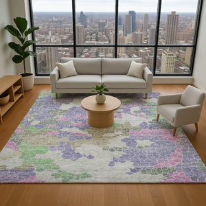 HomeRoots 10' Geometric Washable Area Rug in Purple, Gray & Green - UV Protected, Durable for High-Traffic Spaces 707707
