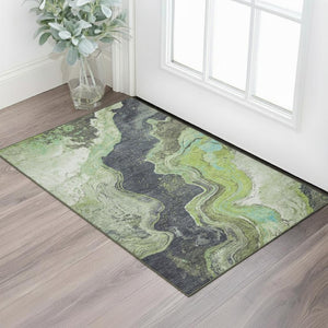 HomeRoots 5' X 8' Washable Abstract Area Rug in Artichoke Green, Gray & Ivory - Durable, UV Protected Design 707709