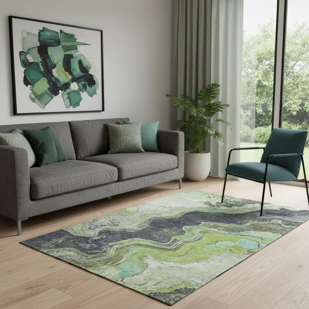HomeRoots 8' Artichoke Green Round Rug - Washable, UV-Protected, Durable Design for High-Traffic Spaces! 707710