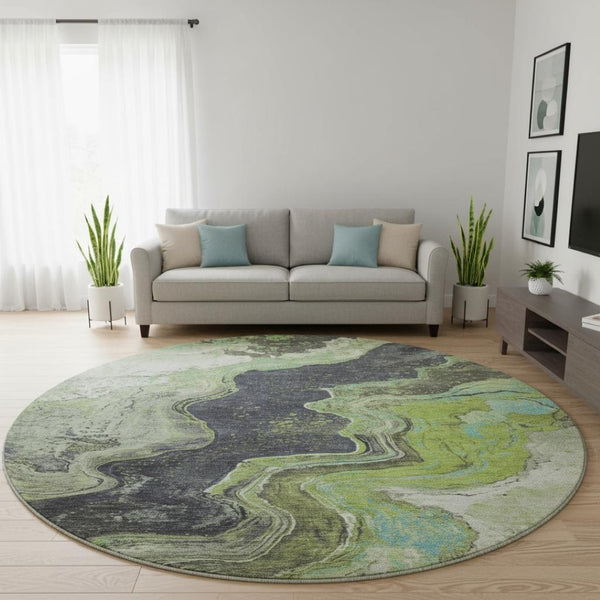 HomeRoots 8' X 10' Artichoke Green Gray Ivory Abstract Washable Area Rug - Durable, UV Protected & Stylish! 707711