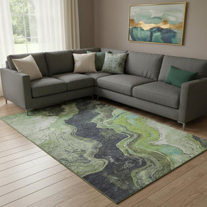 HomeRoots 9' X 12' Stylish Artichoke Green Gray Ivory Abstract Washable Rug with UV Protection for Any Room 707712