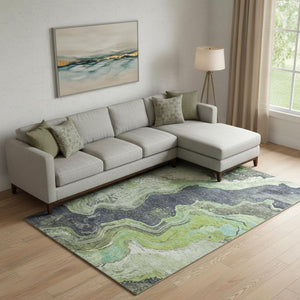 HomeRoots 10' X 14' Washable Area Rug in Artichoke Green, Gray & Ivory - Durable, UV Resistant, Stylish Design 707713