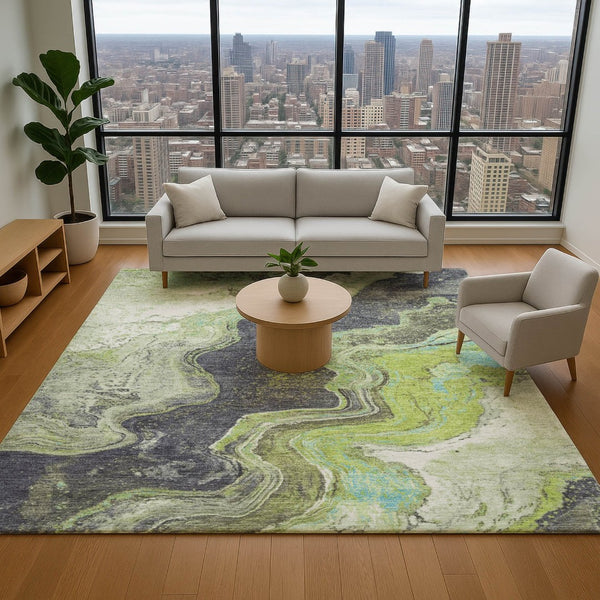 HomeRoots 10' X 14' Washable Area Rug in Artichoke Green, Gray & Ivory - Durable, UV Resistant, Stylish Design 707713