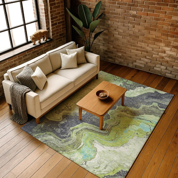 HomeRoots 10' X 14' Washable Area Rug in Artichoke Green, Gray & Ivory - Durable, UV Resistant, Stylish Design 707713