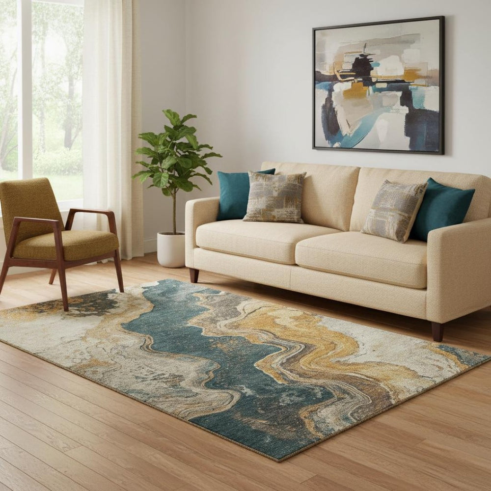 HomeRoots 8' Stylish Linen Gray & Ivory Abstract Washable Round Rug with UV Protection for High-Traffic Areas 707716