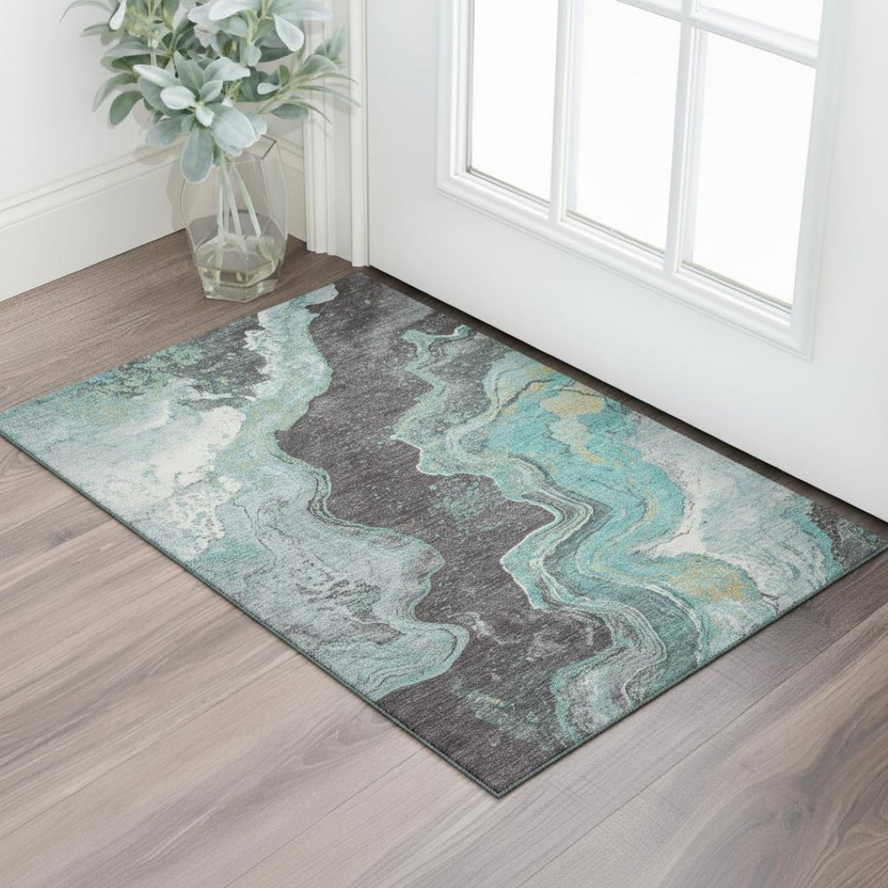 HomeRoots 5' X 8' Teal Gray & Ivory Abstract Area Rug - Washable, UV-Protected, Stain-Resistant for Homes! 707721