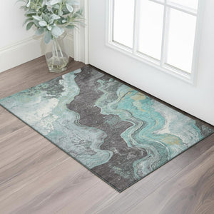 HomeRoots 5' X 8' Teal Gray & Ivory Abstract Area Rug - Washable, UV-Protected, Stain-Resistant for Homes! 707721
