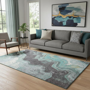 HomeRoots 8' Teal Gray and Ivory Abstract Washable Round Rug - Durable, Stain-Resistant, UV Protected Design 707722
