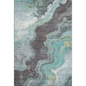 HomeRoots 8' Teal Gray and Ivory Abstract Washable Round Rug - Durable, Stain-Resistant, UV Protected Design 707722