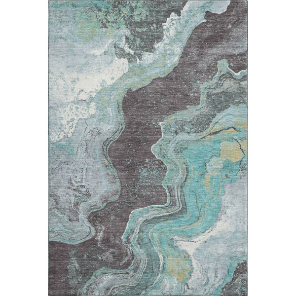 HomeRoots 8' Teal Gray and Ivory Abstract Washable Round Rug - Durable, Stain-Resistant, UV Protected Design 707722