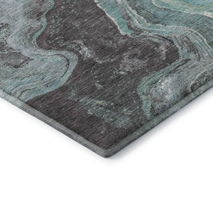 HomeRoots 8' Teal Gray and Ivory Abstract Washable Round Rug - Durable, Stain-Resistant, UV Protected Design 707722