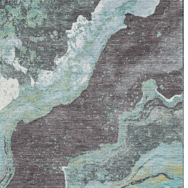 HomeRoots 8' Teal Gray and Ivory Abstract Washable Round Rug - Durable, Stain-Resistant, UV Protected Design 707722