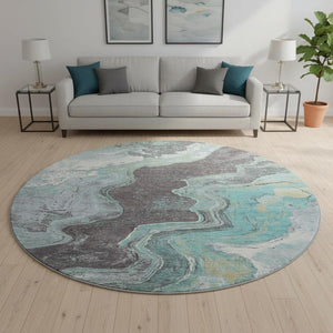 HomeRoots 8' X 10' Chic Teal Gray Ivory Abstract Washable Area Rug – Durable, UV-Protected, Pet-Friendly Design! 707723