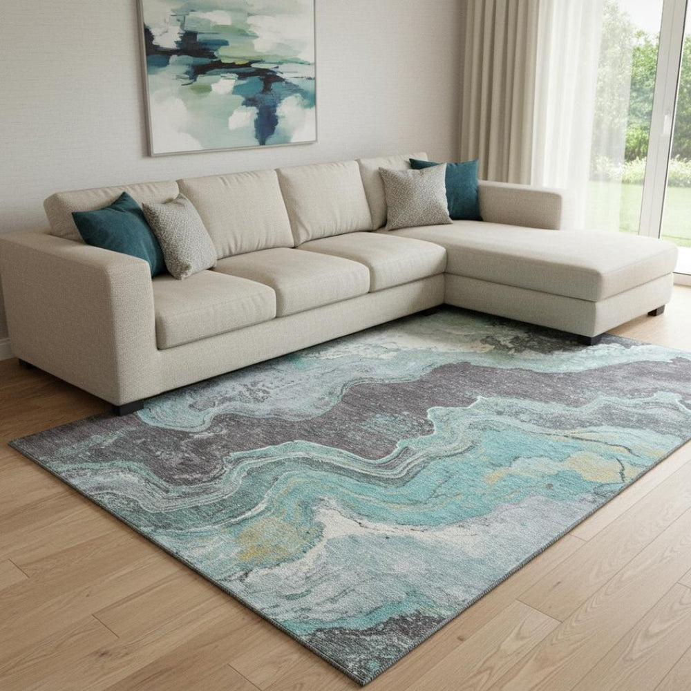 HomeRoots 9' X 12' Stylish Teal Gray Ivory Abstract Washable Area Rug - UV Protected, Easy-Care Design for Homes 707724