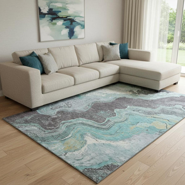 HomeRoots 9' X 12' Stylish Teal Gray Ivory Abstract Washable Area Rug - UV Protected, Easy-Care Design for Homes 707724