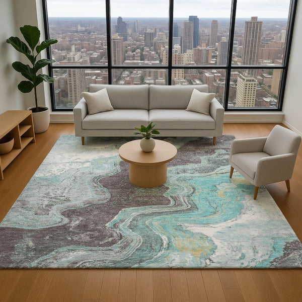 HomeRoots 9' X 12' Stylish Teal Gray Ivory Abstract Washable Area Rug - UV Protected, Easy-Care Design for Homes 707724