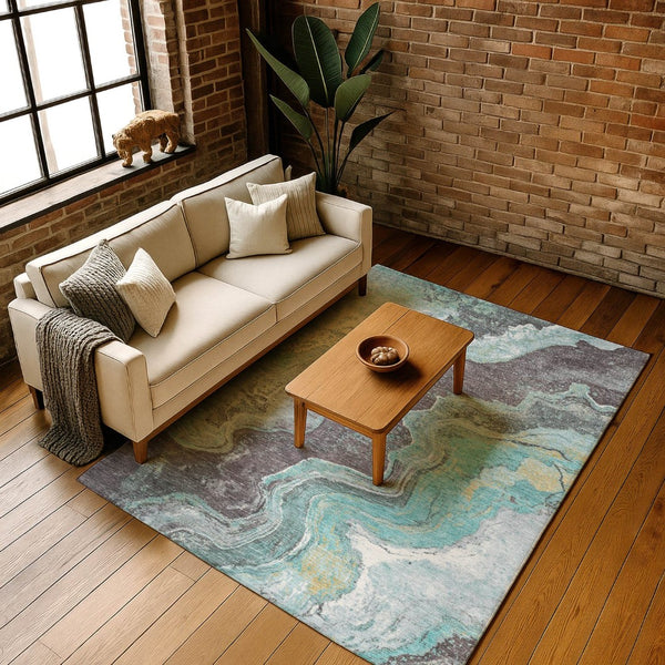 HomeRoots 9' X 12' Stylish Teal Gray Ivory Abstract Washable Area Rug - UV Protected, Easy-Care Design for Homes 707724