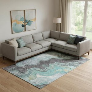 HomeRoots 10' X 14' Teal Gray Ivory Abstract Area Rug - Modern Washable Design with UV Protection & Durability 707725