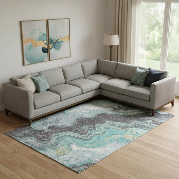 HomeRoots 10' X 14' Teal Gray Ivory Abstract Area Rug - Modern Washable Design with UV Protection & Durability 707725