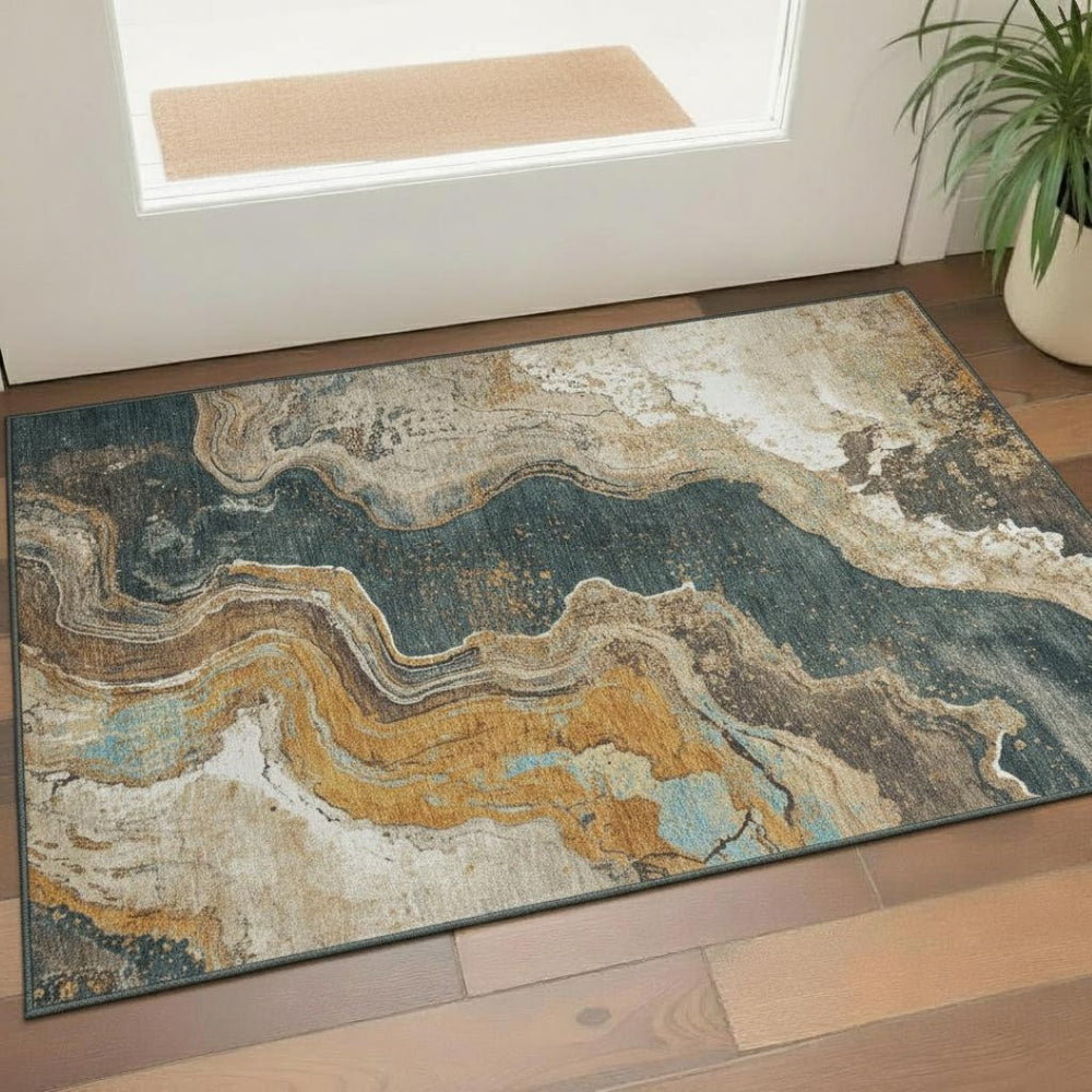 HomeRoots 5' X 8' Modern Wheat Gray & Ivory Abstract Area Rug - Washable, UV Protected, Family-Friendly Design 707727