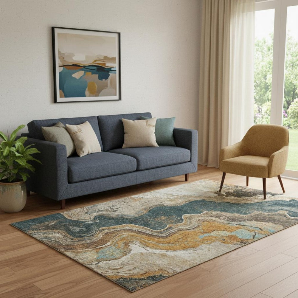 HomeRoots 8' Wheat Gray and Ivory Modern Abstract Round Rug with UV Protection – Durable, Washable & Stylish! 707728