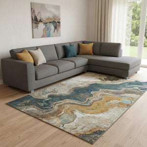 HomeRoots 9' X 12' Washable Wheat Gray & Ivory Abstract Area Rug with UV Protection for High-Traffic Spaces 707730