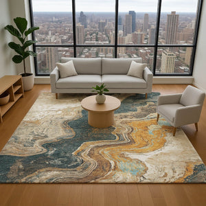 HomeRoots 9' X 12' Washable Wheat Gray & Ivory Abstract Area Rug with UV Protection for High-Traffic Spaces 707730