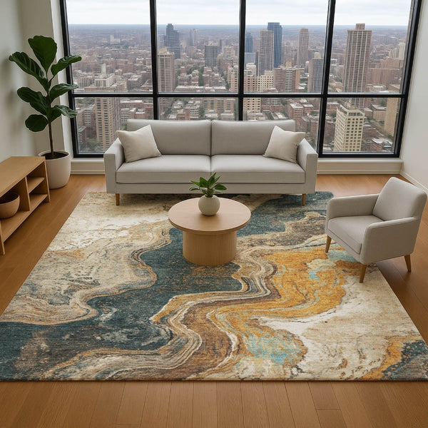 HomeRoots 9' X 12' Washable Wheat Gray & Ivory Abstract Area Rug with UV Protection for High-Traffic Spaces 707730