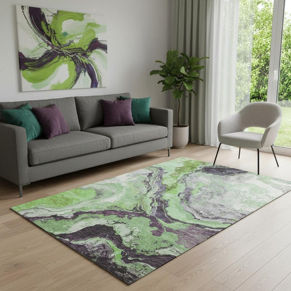 HomeRoots 8' Abstract Round Rug in Green, Lavender & Ivory – Washable, UV-Protected, Soft & Durable Design 707734