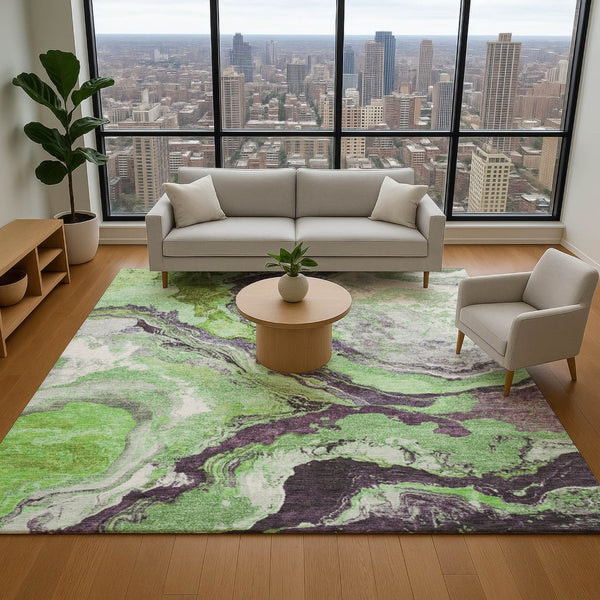 HomeRoots 8' Abstract Round Rug in Green, Lavender & Ivory – Washable, UV-Protected, Soft & Durable Design 707734