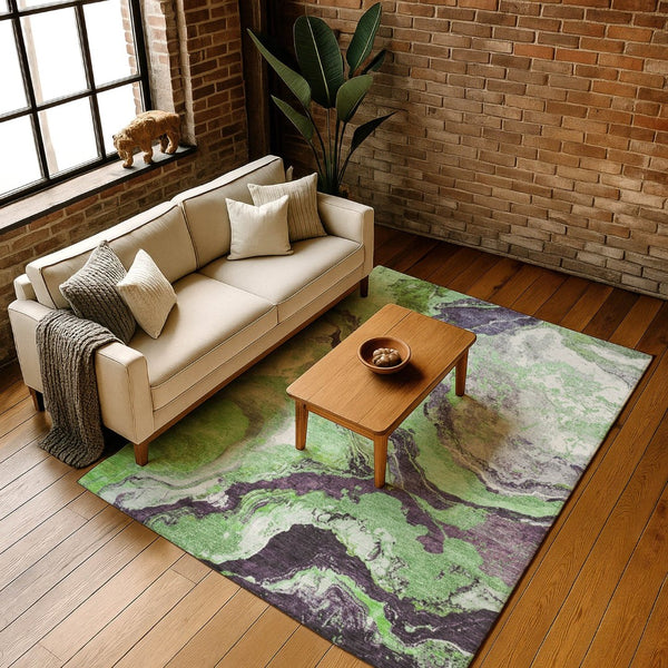 HomeRoots 8' Abstract Round Rug in Green, Lavender & Ivory – Washable, UV-Protected, Soft & Durable Design 707734