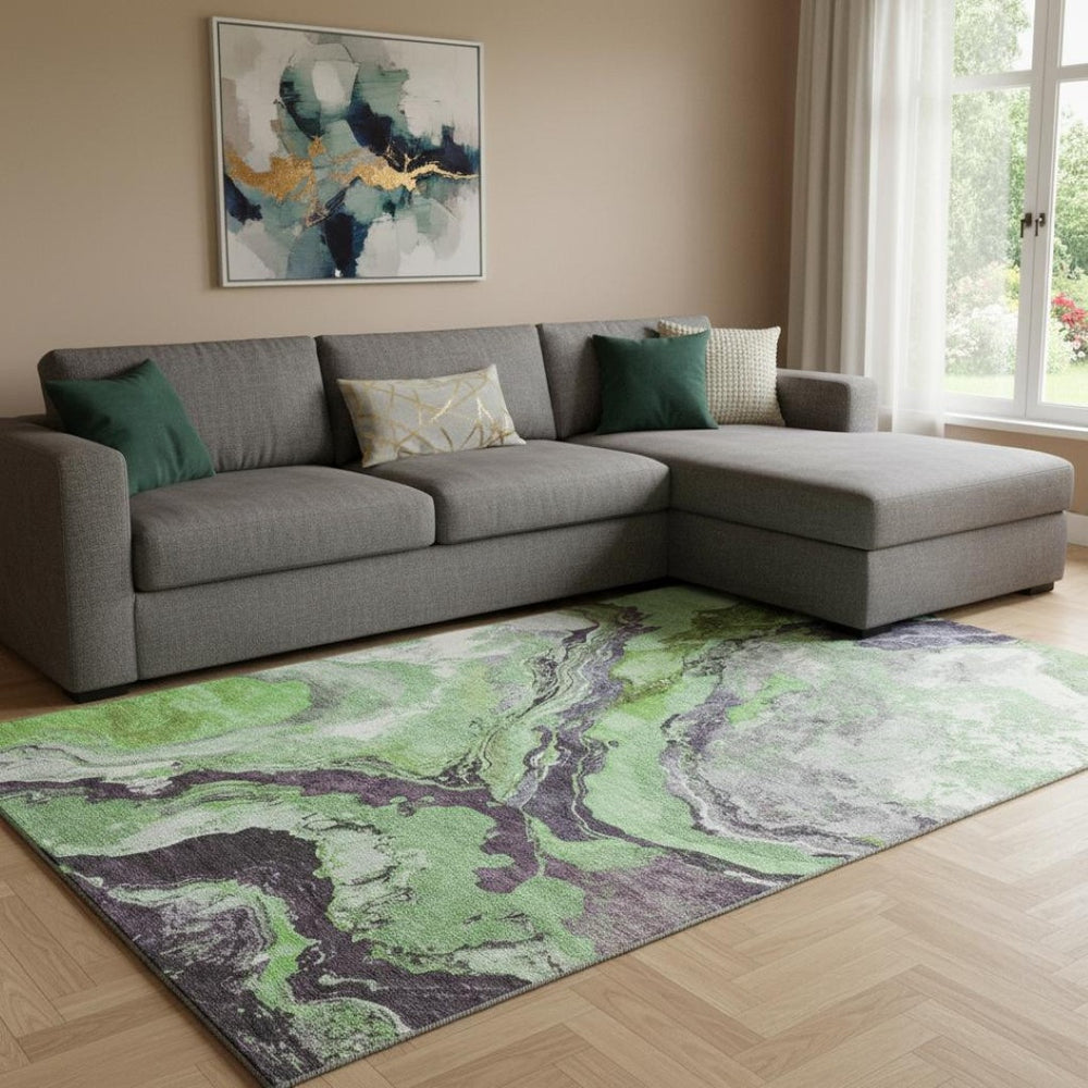 HomeRoots 9' X 12' Washable Abstract Area Rug in Green, Lavender, Ivory - UV Protected, Pet & Kid Friendly Design! 707736