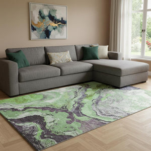 HomeRoots 9' X 12' Washable Abstract Area Rug in Green, Lavender, Ivory - UV Protected, Pet & Kid Friendly Design! 707736