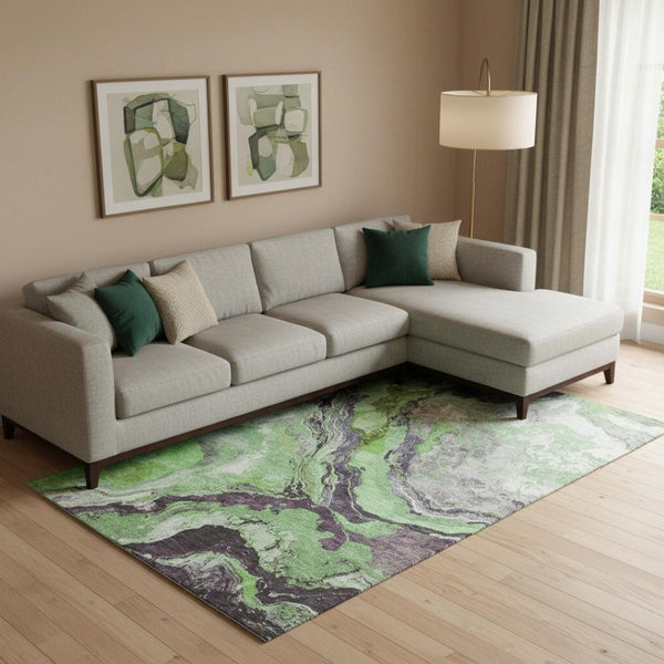 HomeRoots 10' Modern Abstract Green Lavender Ivory Area Rug - Washable, UV Protected, Family-Friendly Design 707737