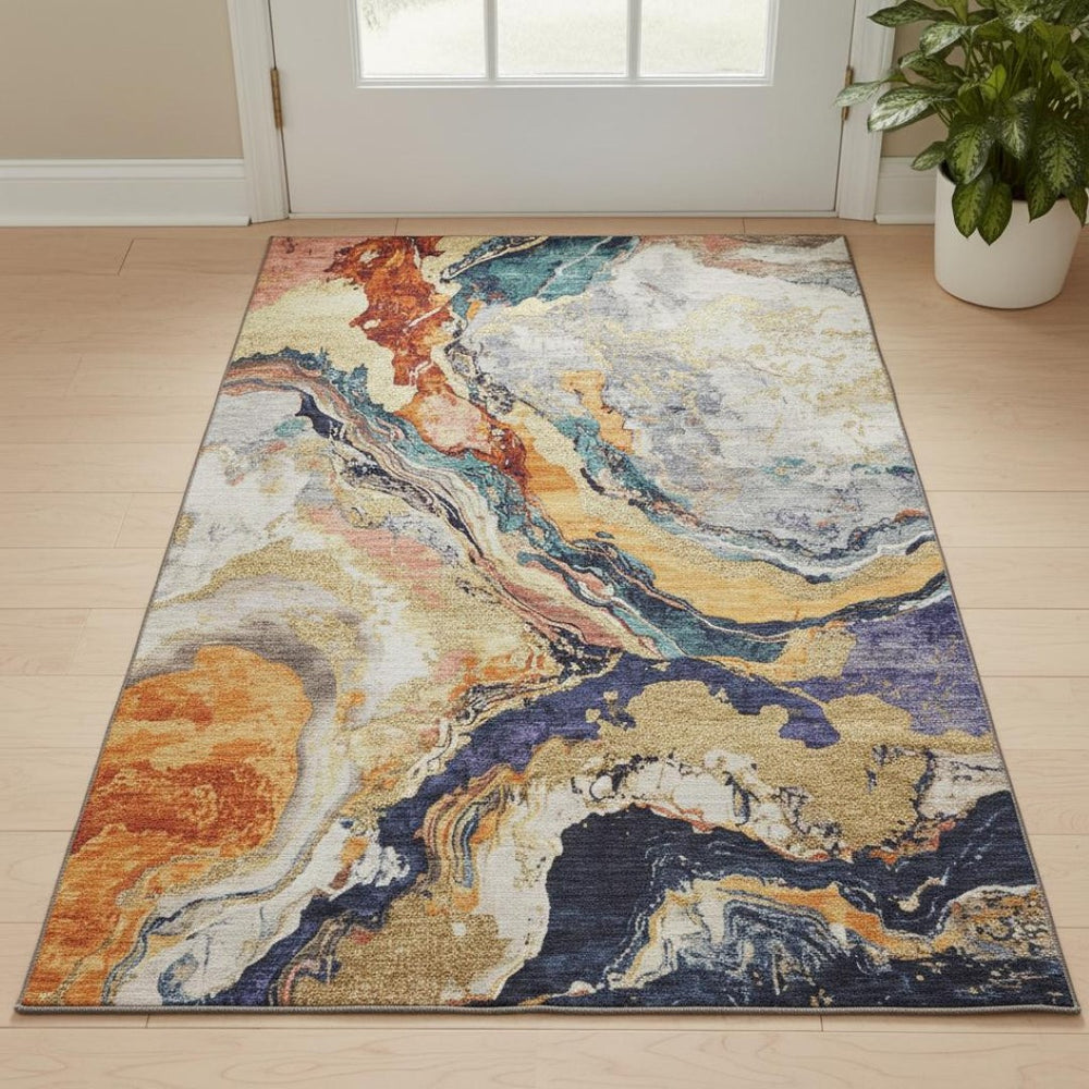 HomeRoots 5' X 8' Abstract Linen Purple and Ivory Area Rug – Washable, UV Protected, Durable for Modern Spaces 707739
