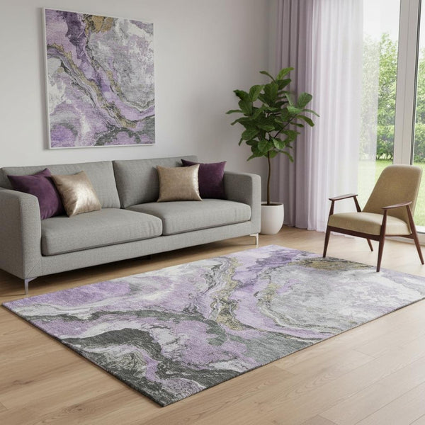 HomeRoots 8' Lavender Gray & Ivory Abstract Washable Round Rug – Stylish, Stain-Resistant, UV-Protected Design 707746