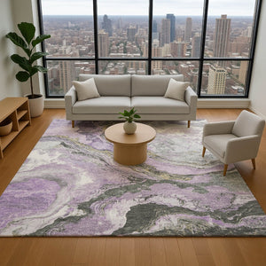 HomeRoots 8' Lavender Gray & Ivory Abstract Washable Round Rug – Stylish, Stain-Resistant, UV-Protected Design 707746