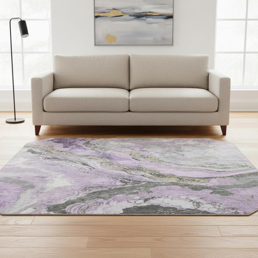 HomeRoots 8' X 10' Washable Lavender Gray & Ivory Abstract Area Rug with UV Protection for Modern Living Spaces 707747